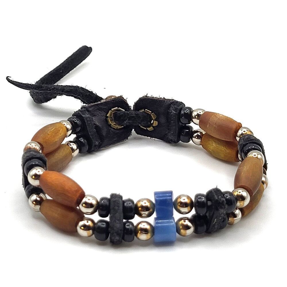 Native American Wooden Beads Leather Brass Lapis Bracelet 7in